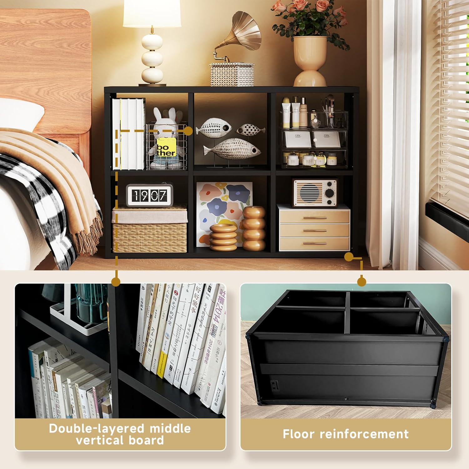 6 Cube Storage Organizer, Black Bookshelf with Storage, 2 Tier Storage Cubes, Freestanding Storage