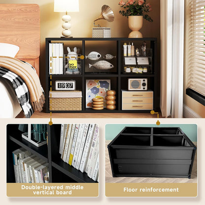 6 Cube Storage Organizer, Black Bookshelf with Storage, 2 Tier Storage Cubes, Freestanding Storage