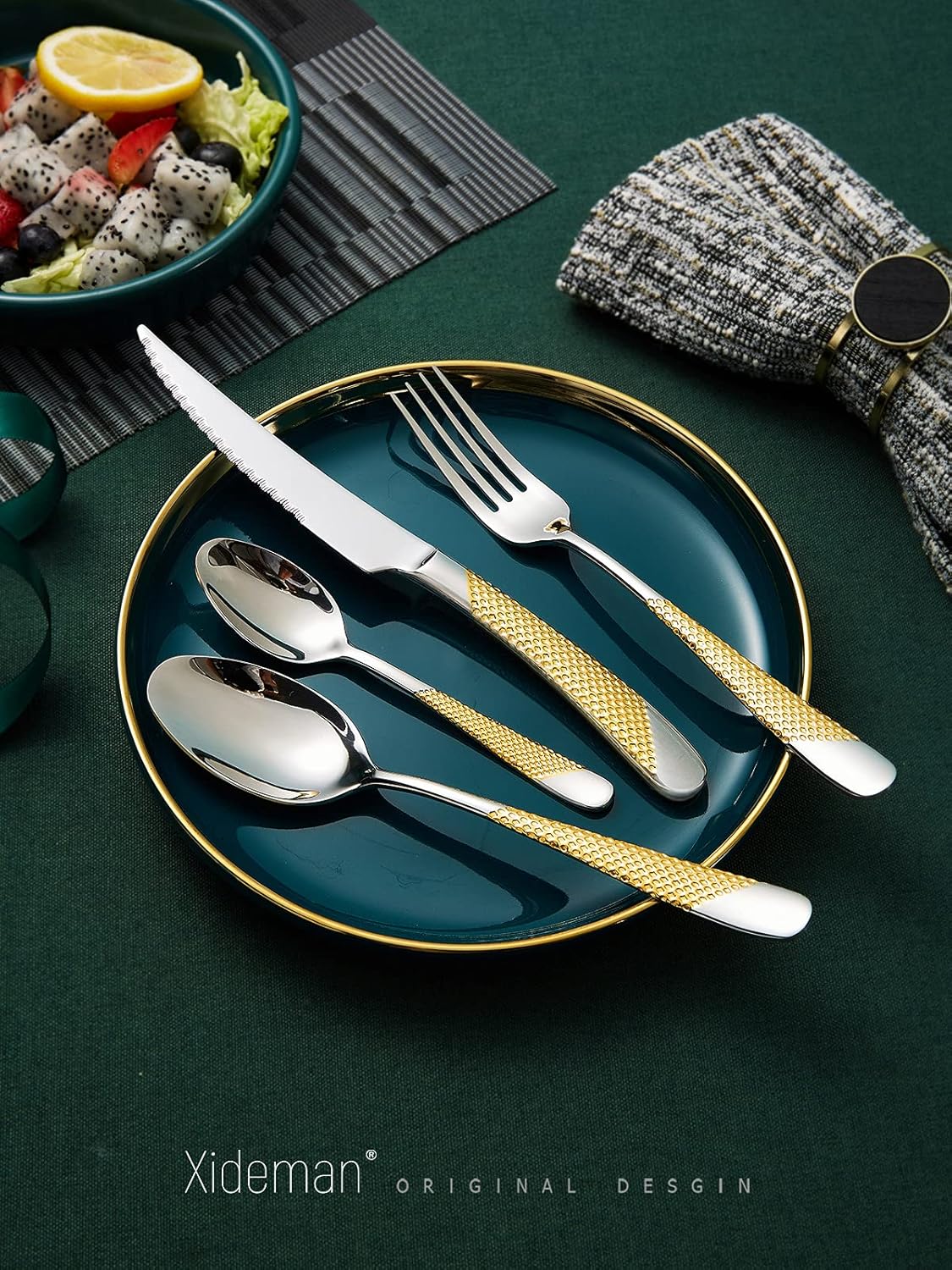 16 Piece Hammered Silver Gold Silverware Set, Modern Golden 18/10 Stainless Steel Flatware Set