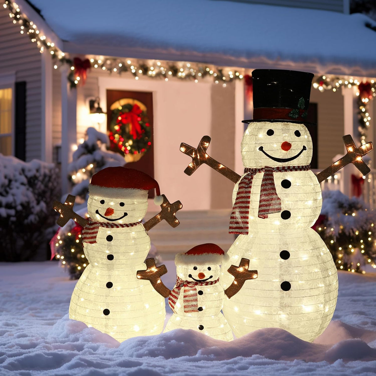 4FT Pop-Up Snowman Family, Pre-Lit Holiday Decoration Sign with 270 LED Lights, Customized