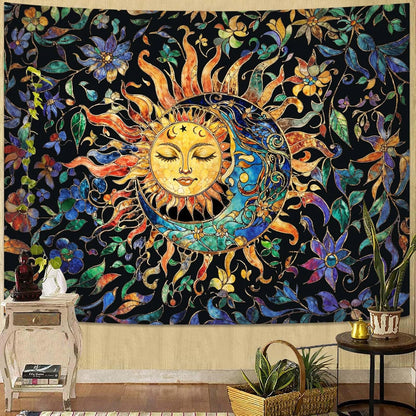 Aipon Sun and Moon Tapestry for Bedroom Boho Hippie Floral Wall Tapestry Aesthetic Vintage Stained