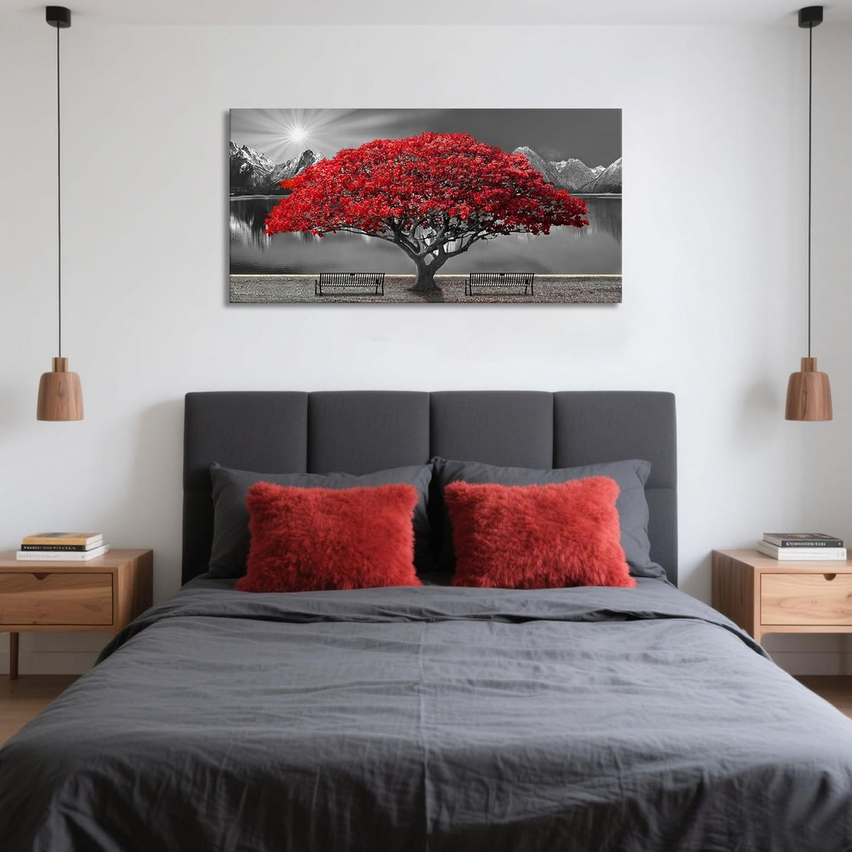 Black and White Red Tree Wall Art Canvas Print Picture Large Red Tree Landscape Modern Artwork for