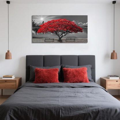 Black and White Red Tree Wall Art Canvas Print Picture Large Red Tree Landscape Modern Artwork for