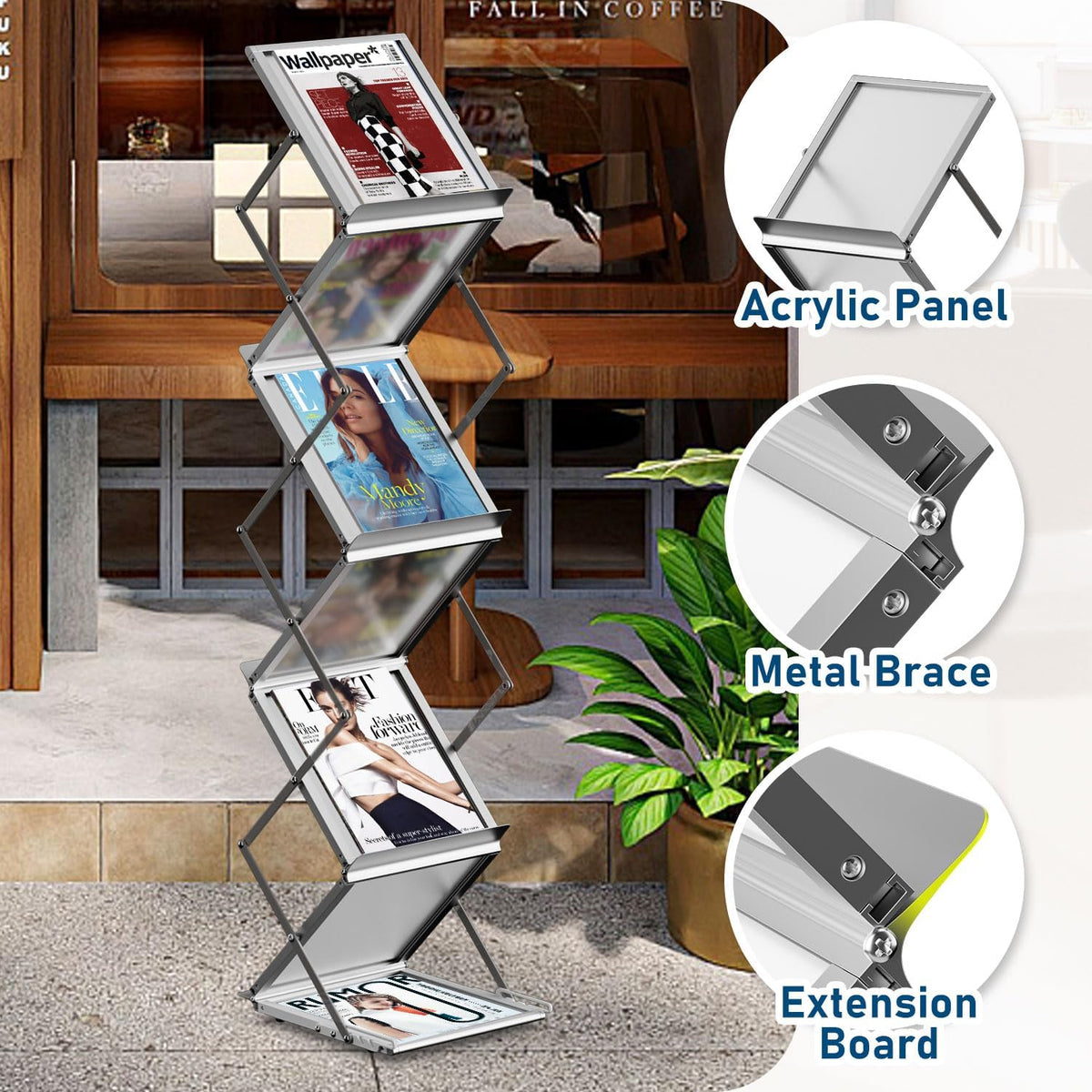 6 Pockets Foldable Aluminum Magazine Rack - Brochure Display Stand, Brochure Catalog Literature