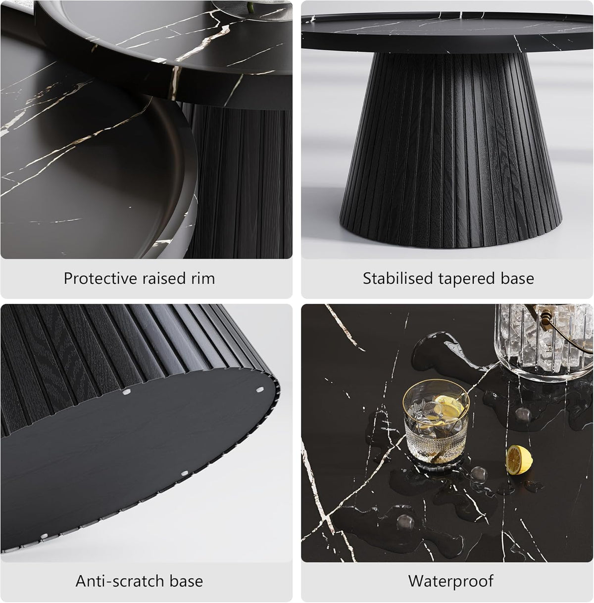 win2win Nesting Coffee Table Set of 2, Modern Coffee Table with Marble Veneer, Fluted Round Tea