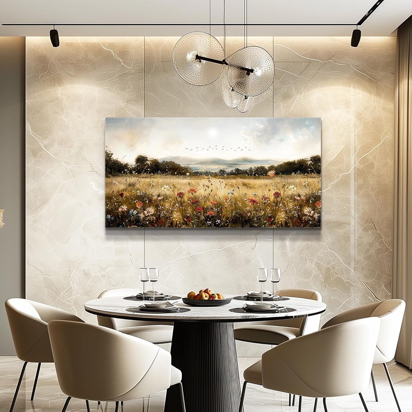 KELIYUAN Canvas Wall Art For Kitchen Dining Room Vintage Decor, Lawn Paintings With Flowers Wall