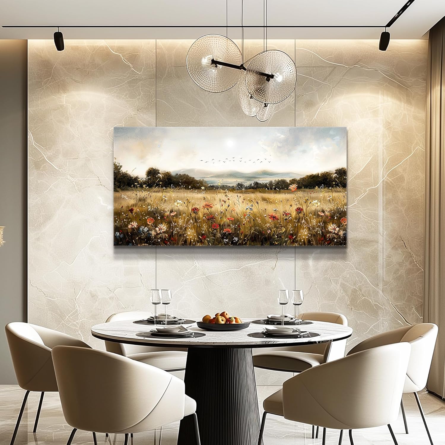 KELIYUAN Canvas Wall Art For Kitchen Dining Room Vintage Decor, Lawn Paintings With Flowers Wall