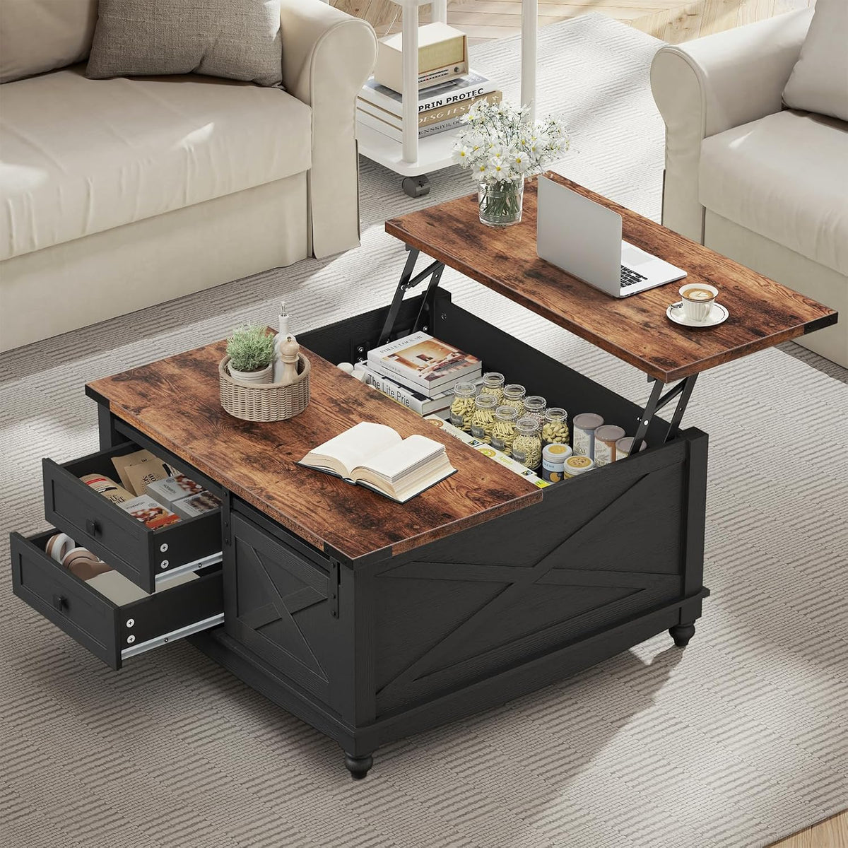 31.5" Lift Top Coffee Table with Storage, Farmhouse Coffee Tables for Living Room, Square Coffee