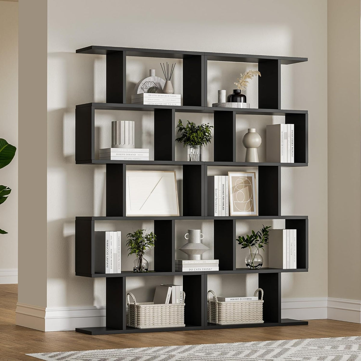 Black 5-Tier Geometric Bookcase, S-Shaped Modern Bookshelf Set of 2, 62.6" Tall Room Divider Book