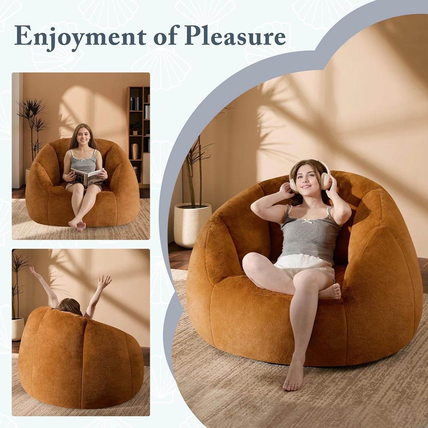 Giant Bean Bag Swivel Chair for Adults - Comfy Plush Round Shell Soft Accent Chaise Lounge Indoor