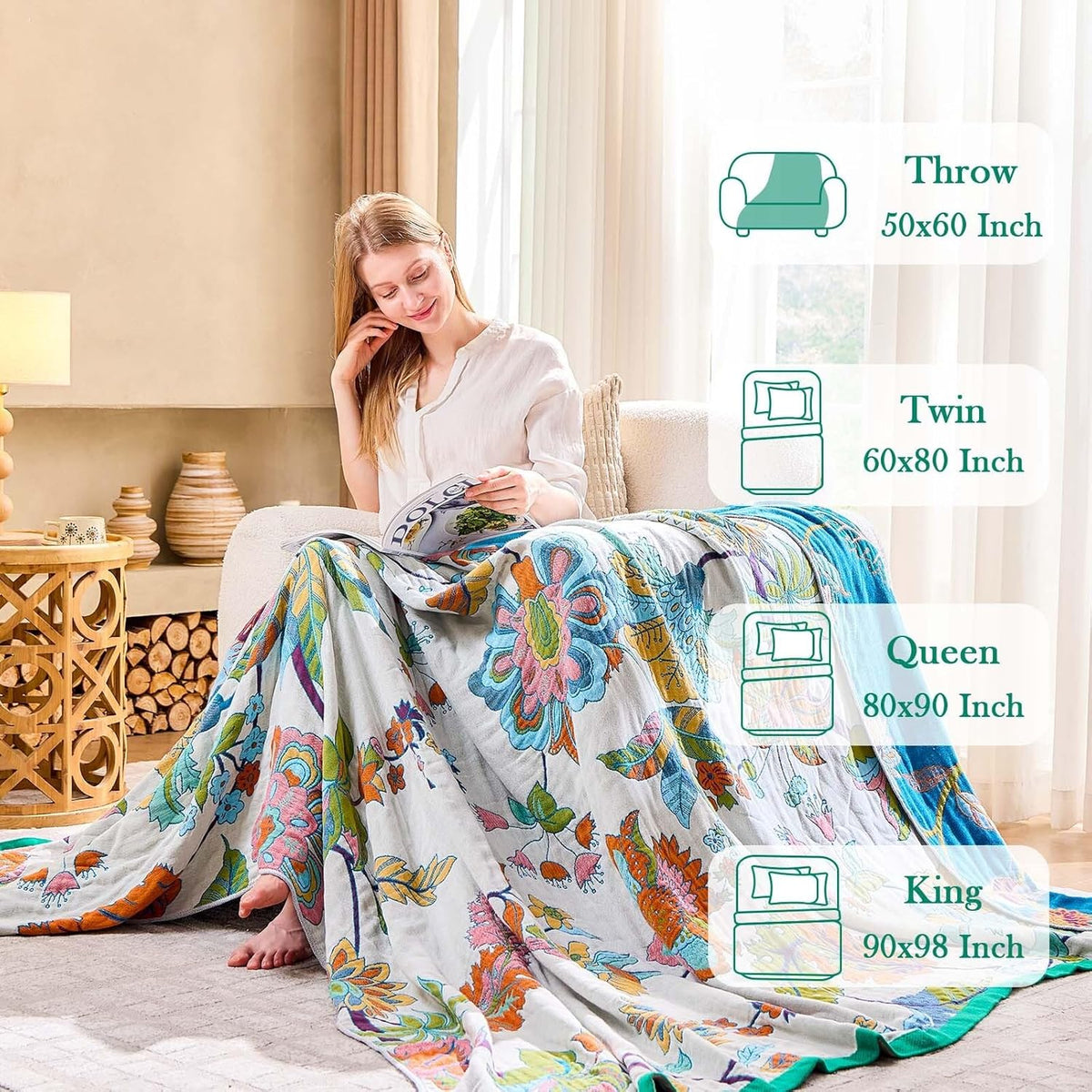 Summer Throw Blanket, 90"x98" Reversible Bohemian Flower Blanket, 100% Cotton Muslin Breathable