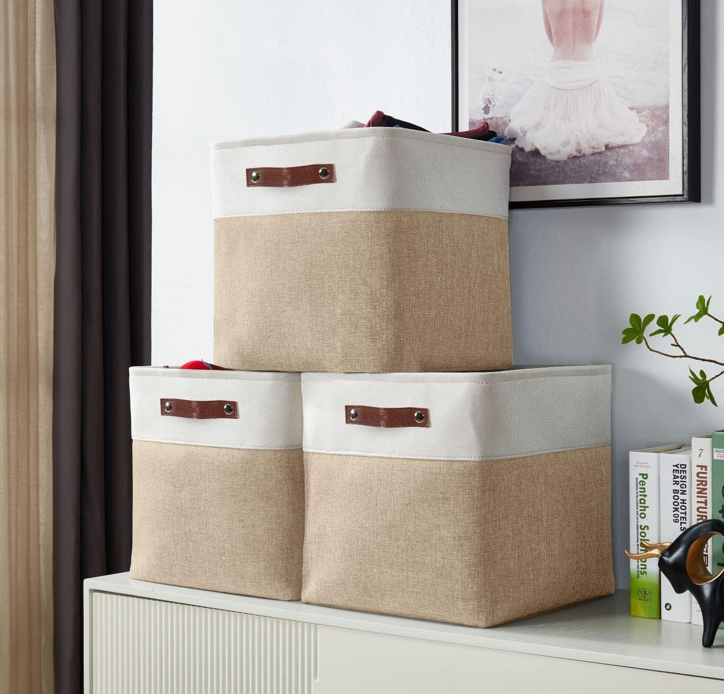 DECOMOMO Storage Cubes, 11x11 Cube Storage Bins, Baskets for Shelves (Beige & White, Cube 11" - 4