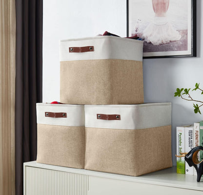DECOMOMO Storage Cubes, 11x11 Cube Storage Bins, Baskets for Shelves (Beige & White, Cube 11" - 4