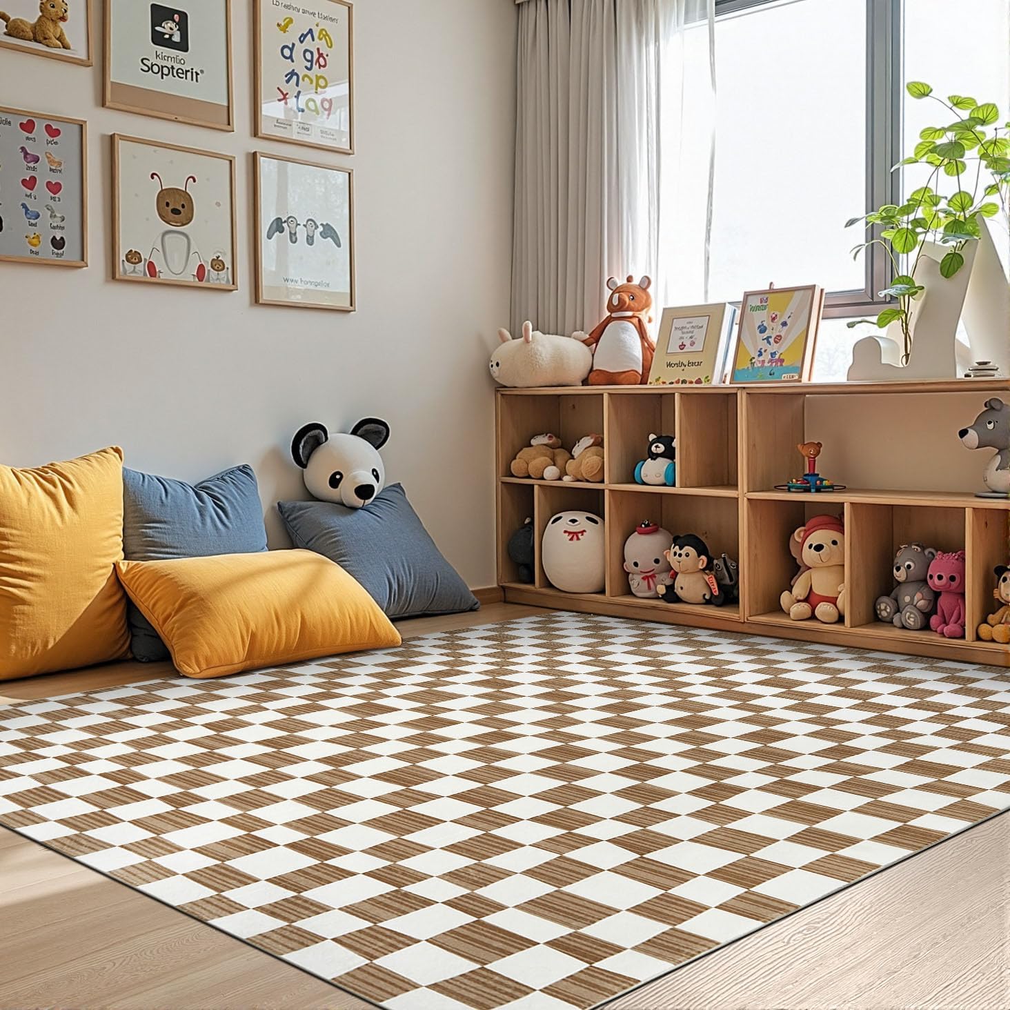 jinchan 6x9 Brown Checkered Area Rugs for Kids Room - Machine Washable Rug Modern Neutral Geometric
