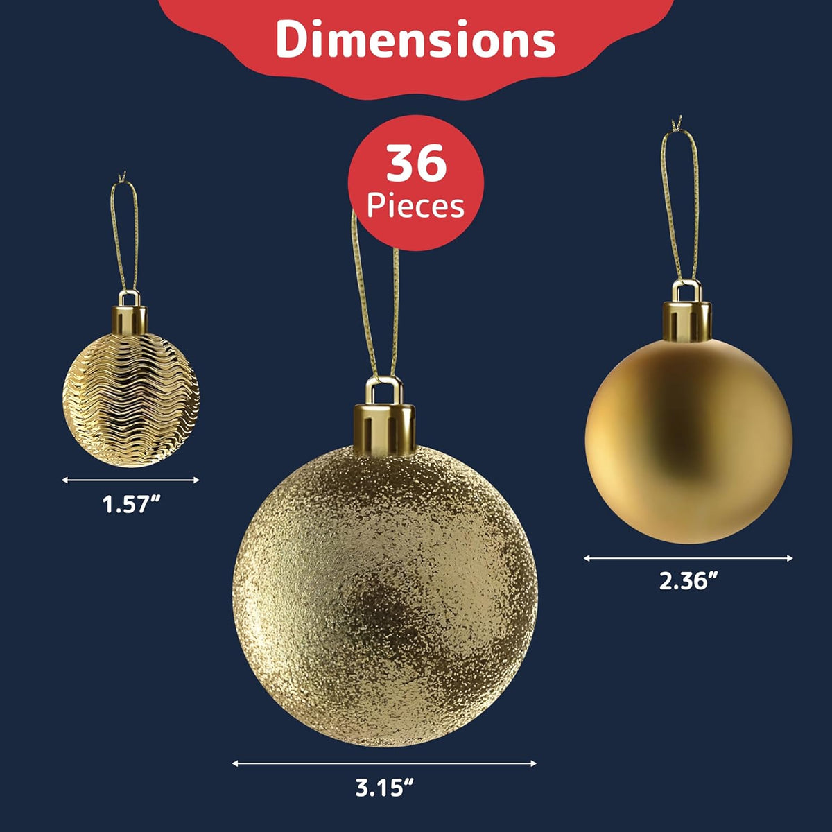 PREXTEX Christmas Ornaments Gold Set - 36-Piece Shatterproof Gold Ornaments for Christmas Tree