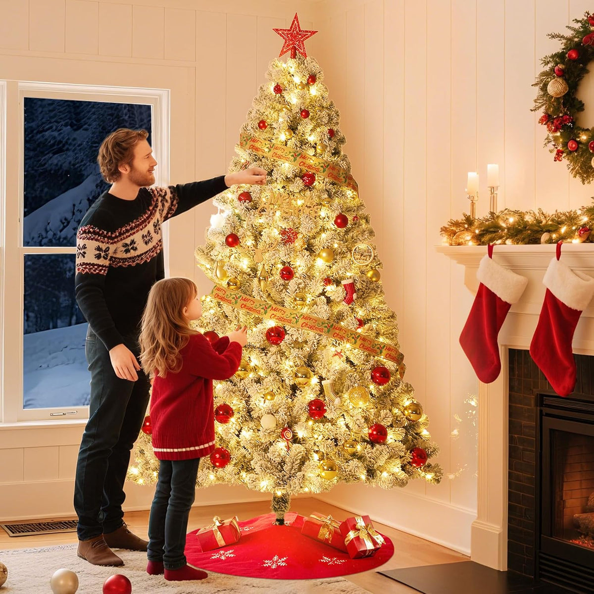 GarveeHome 9ft Prelit Artificial Christmas Tree with Warm White Lights, Snow Flocked Full Xmas Tree