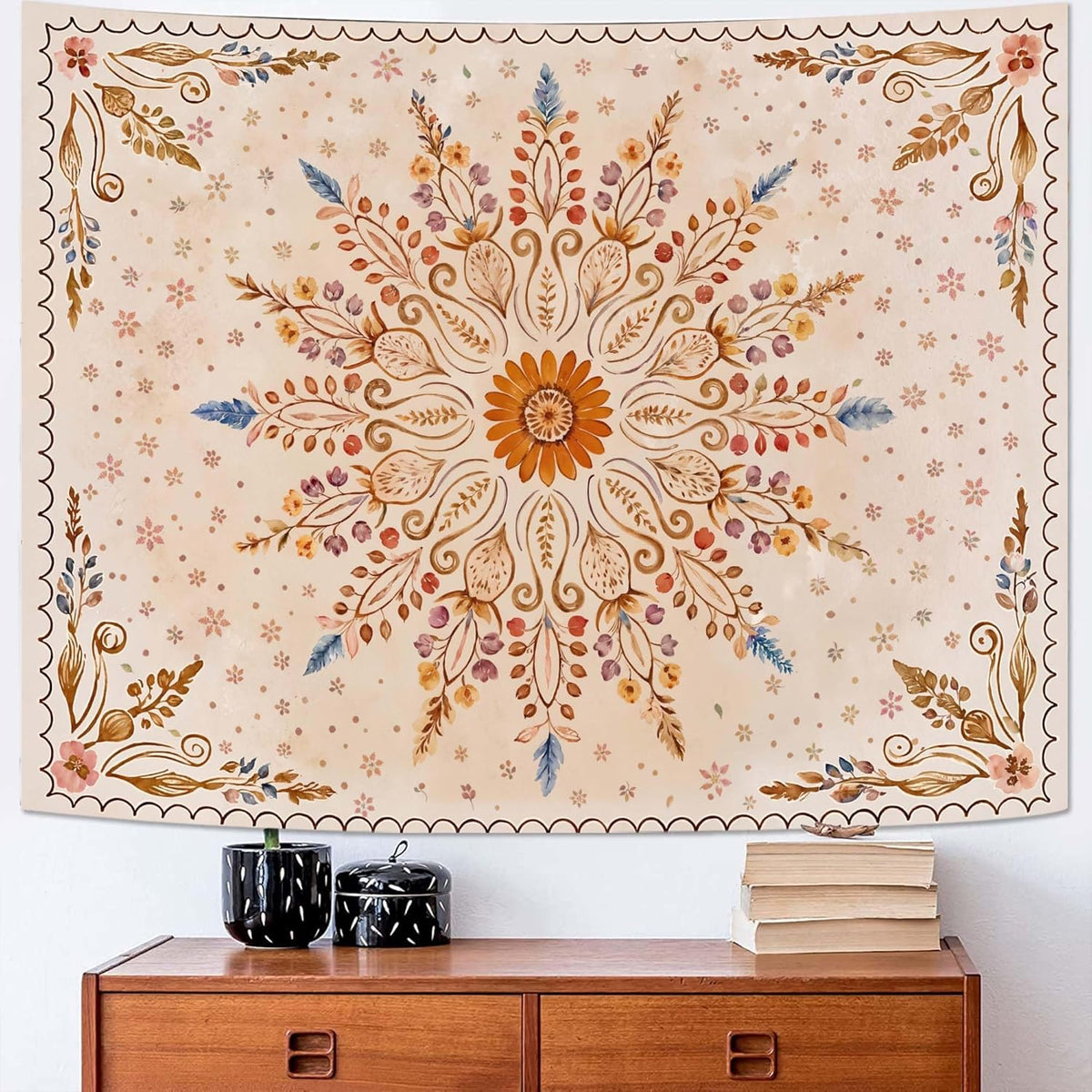 Fowocu Boho Floral Mandala Tapestry for Bedroom Aesthetic Watercolor Bohemian Flower Wall Tapestry