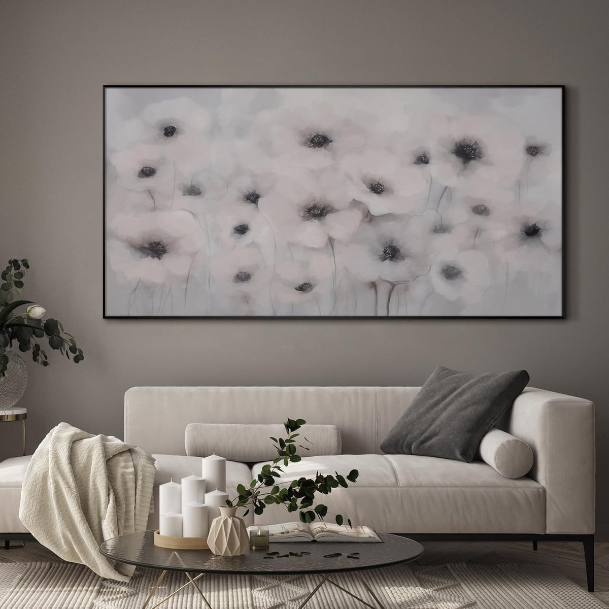 36"x72" Extra Large Framed Wall Art Soft White Poppies Watercolor Floral, Delicate Botanical for