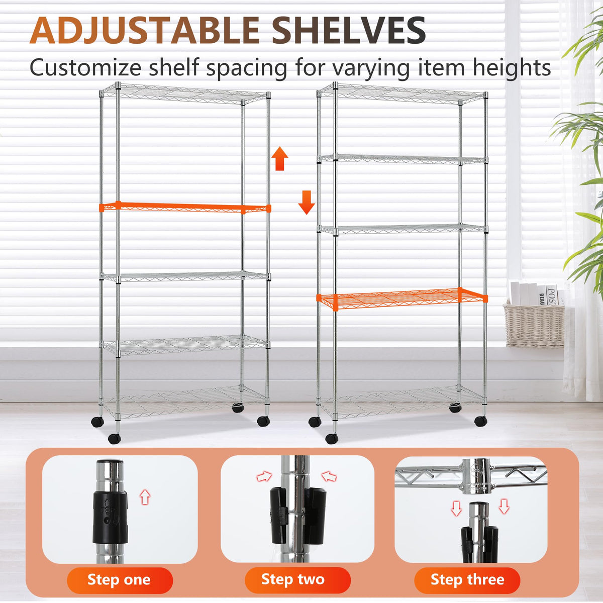FDW | 5-Tier Wire Storage Shelves with Wheels | 30"x14"x61" | Chrome | Adjustable Racks |