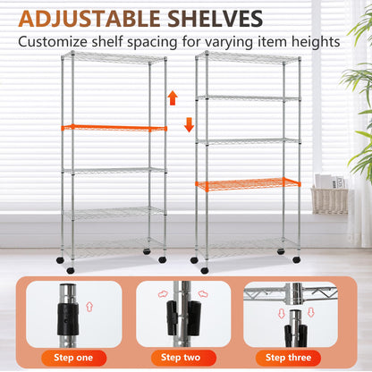 FDW | 5-Tier Wire Storage Shelves with Wheels | 30"x14"x61" | Chrome | Adjustable Racks |