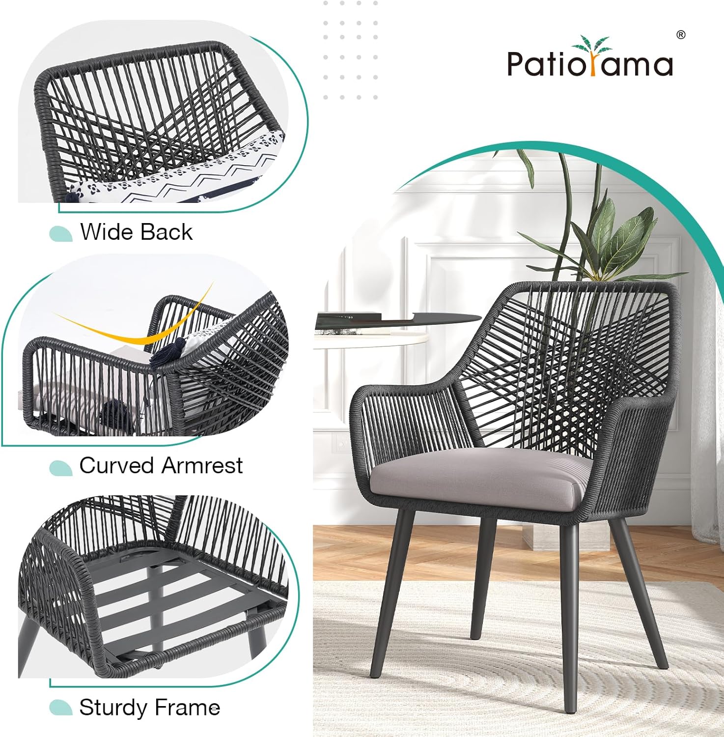 Patiorama Patio Dining Chair Set of 4, Woven Rope Outdoor Dining Chairs w/Steel Frame, All-Weather