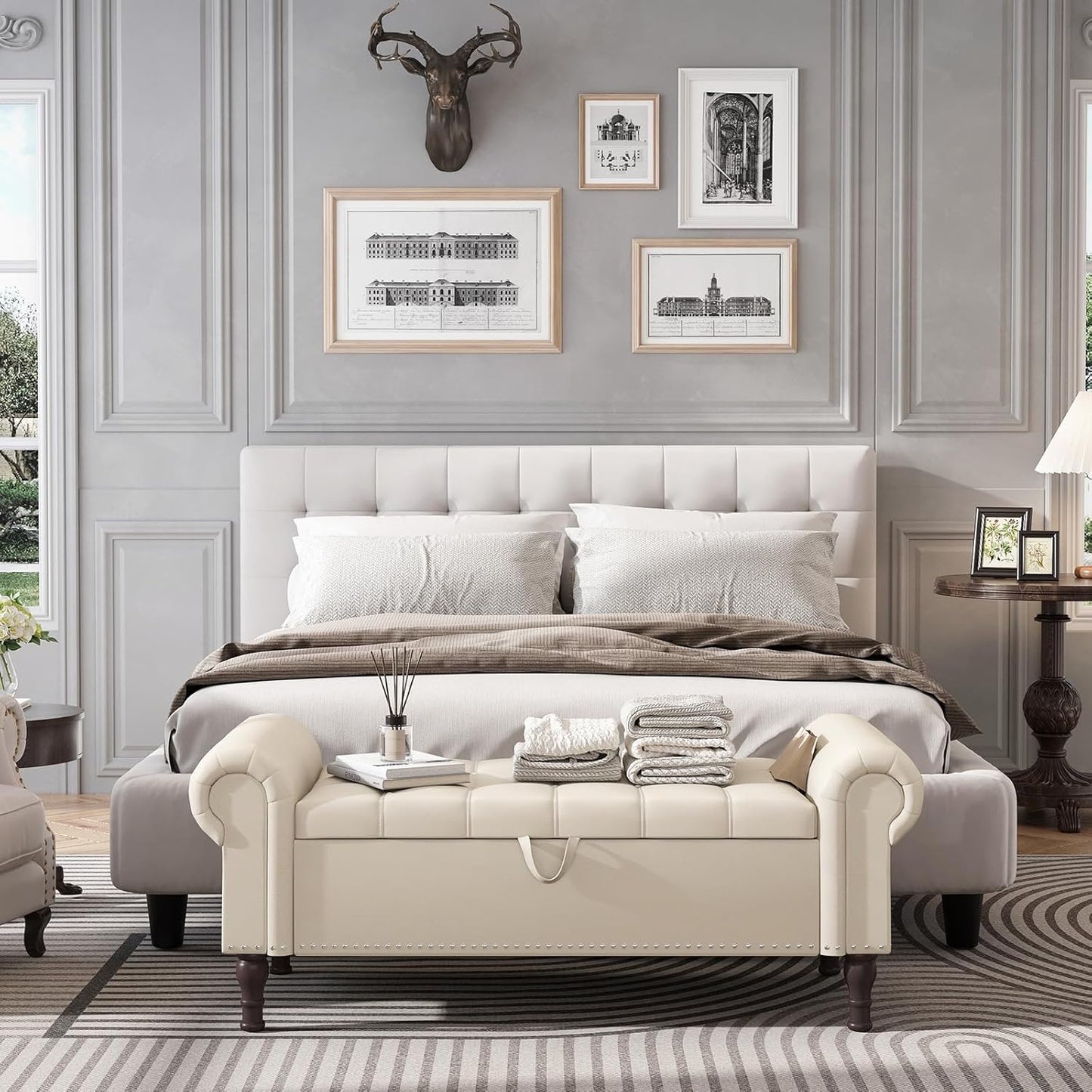 Apicizon 51”Storage Ottoman Bench, Soft Faux Leather Indoor Bench with Rolled Arm and Vintage