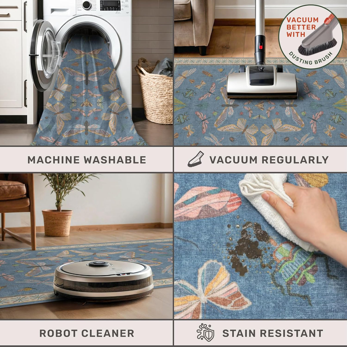 Washable Blue Rugs for Bedroom Bedside - 3x5 Laundry Room Rug for Large Kitchen, Entrance Indoor