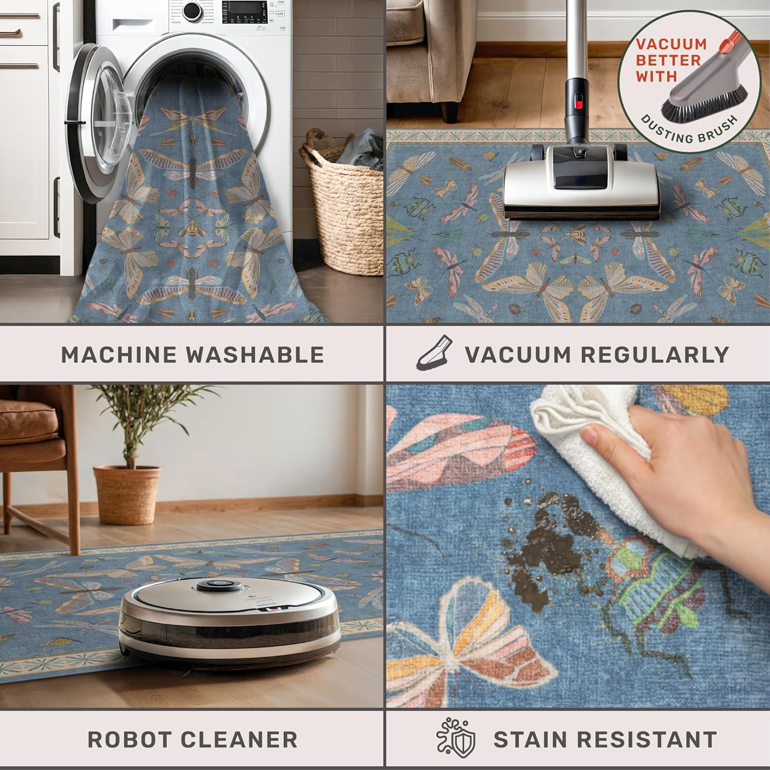 Washable Blue Rugs for Bedroom Bedside - 3x5 Laundry Room Rug for Large Kitchen, Entrance Indoor