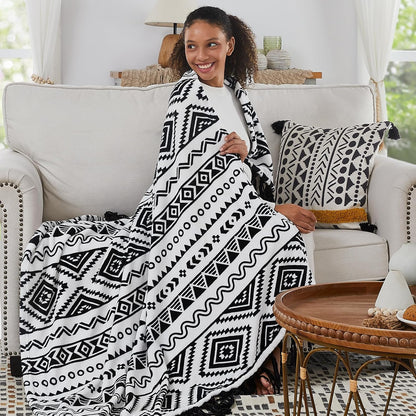 CASAAGUSTO Boho Throw Blanket - Black and White Decorative Blankets with Tassel, Printed Flannel
