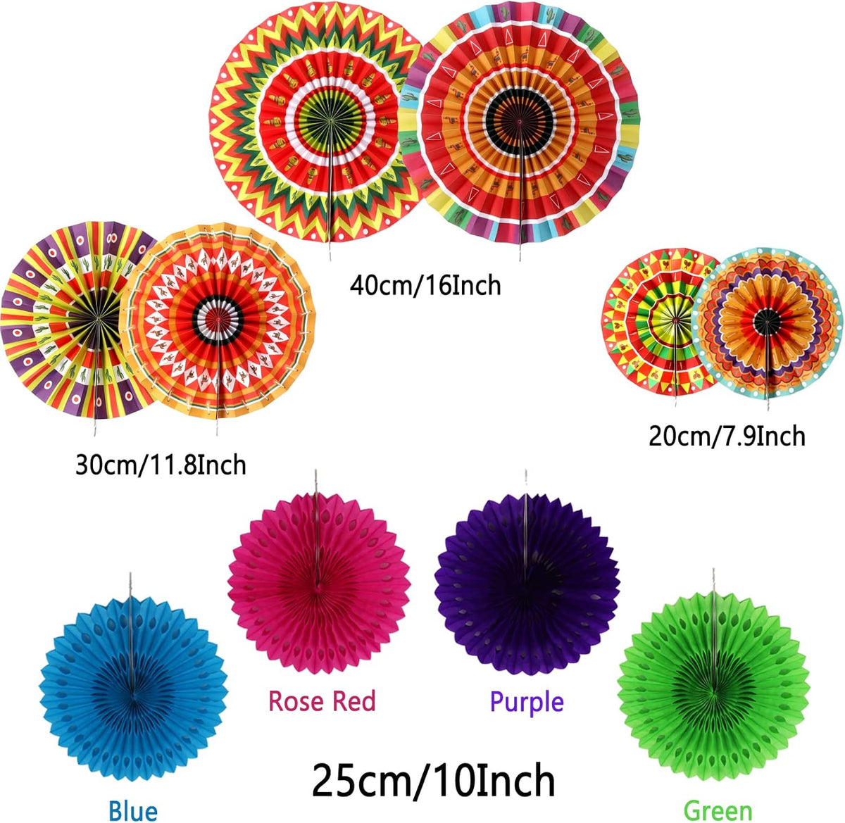 ZERODECO Fiesta Mexican Party Decorations, 21 Pcs Multi-color Paper Fans, Pom Poms Flowers for