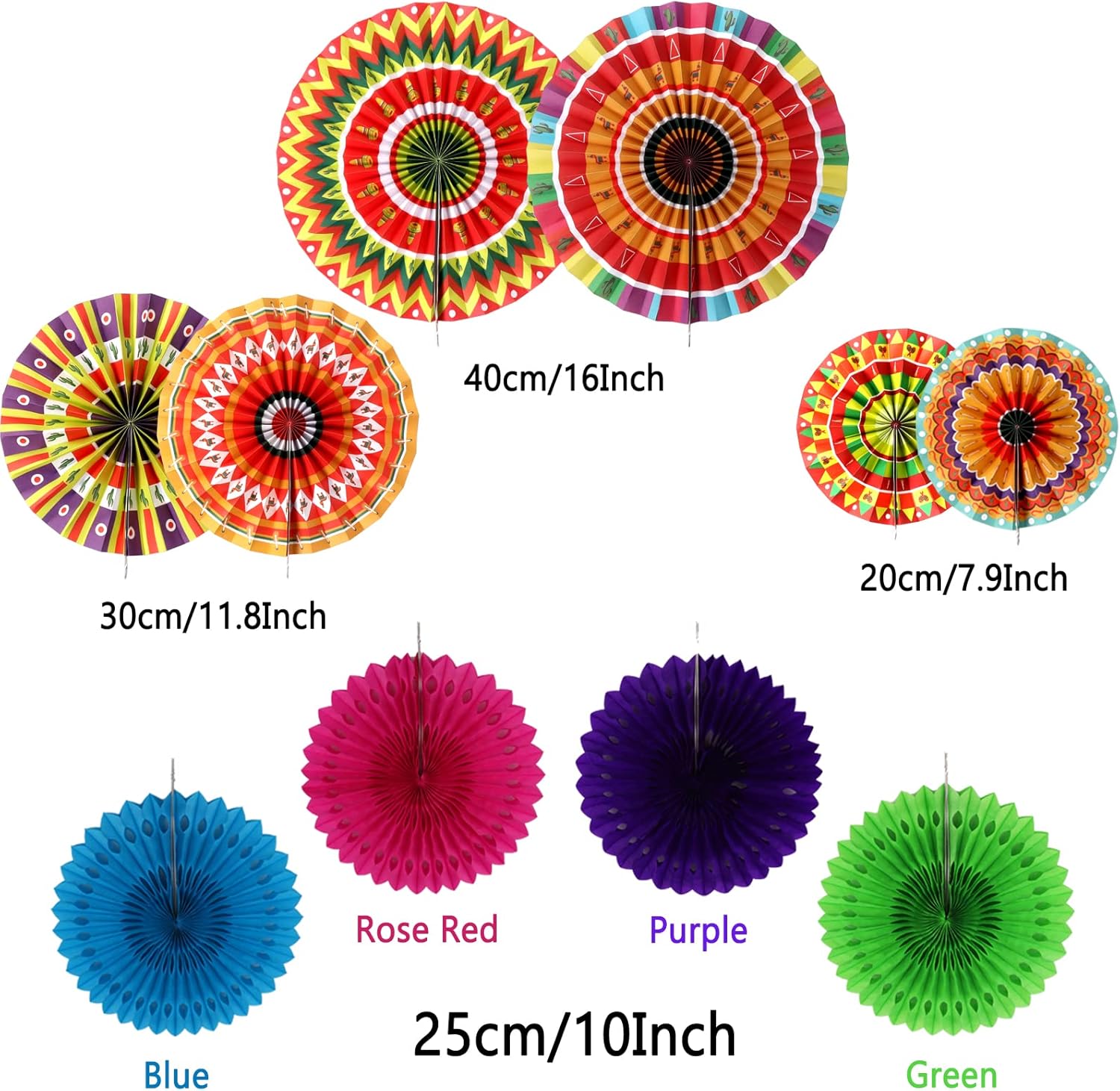 ZERODECO Fiesta Mexican Party Decorations, 21 Pcs Multi-color Paper Fans, Pom Poms Flowers for