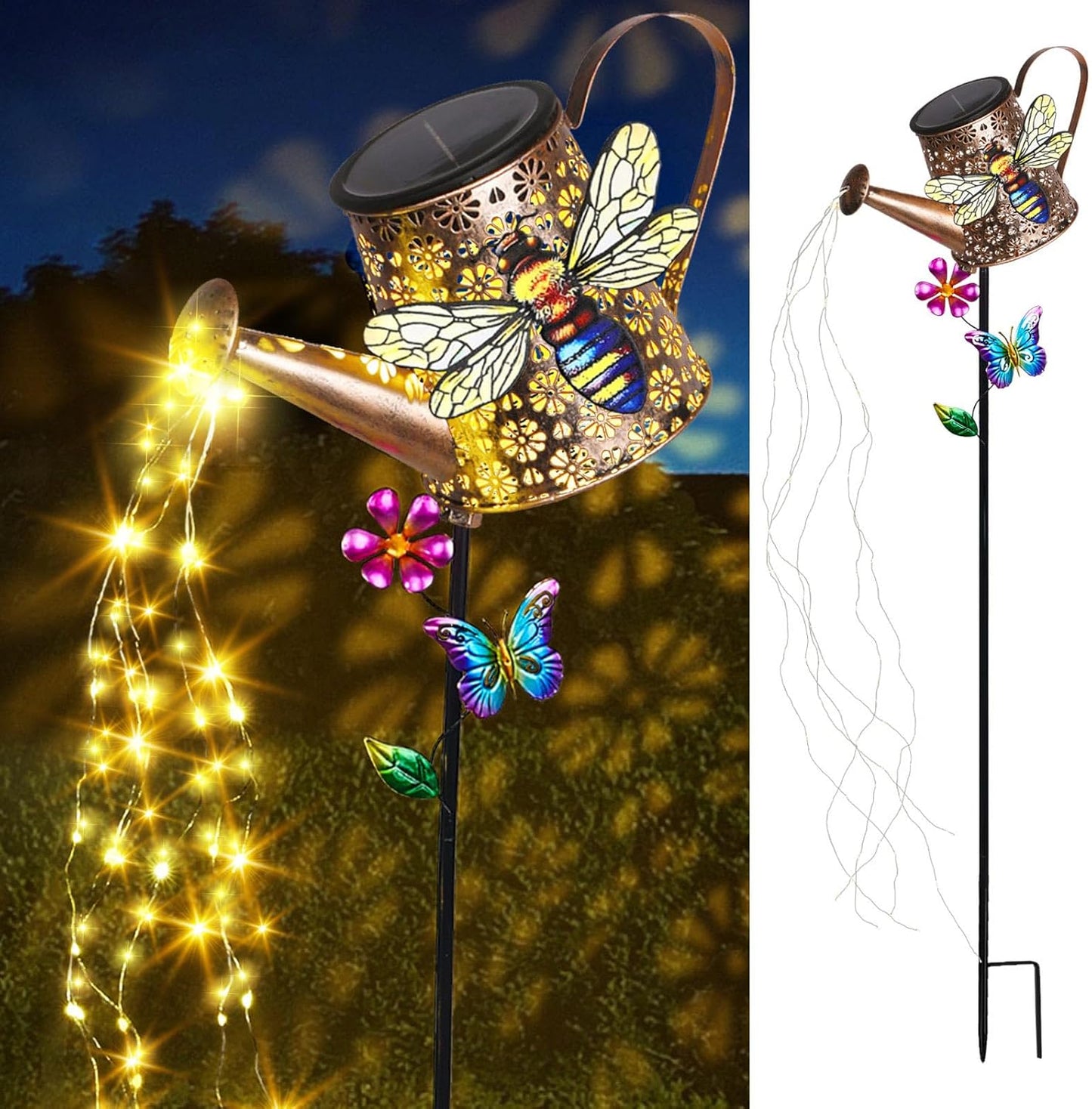 Solar Lights Outdoor Decorative, 39.4'' Metal Solar Watering Can Lights with Bee, Waterproof Garden