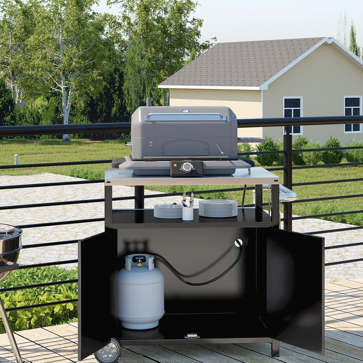 Outdoor Grill Cart with Storage Cabinet Stainless Steel Prep Stand with Storage Cabinet and Wheels