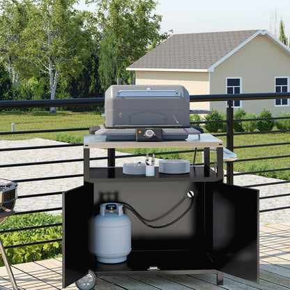 Outdoor Grill Cart with Storage Cabinet Stainless Steel Prep Stand with Storage Cabinet and Wheels