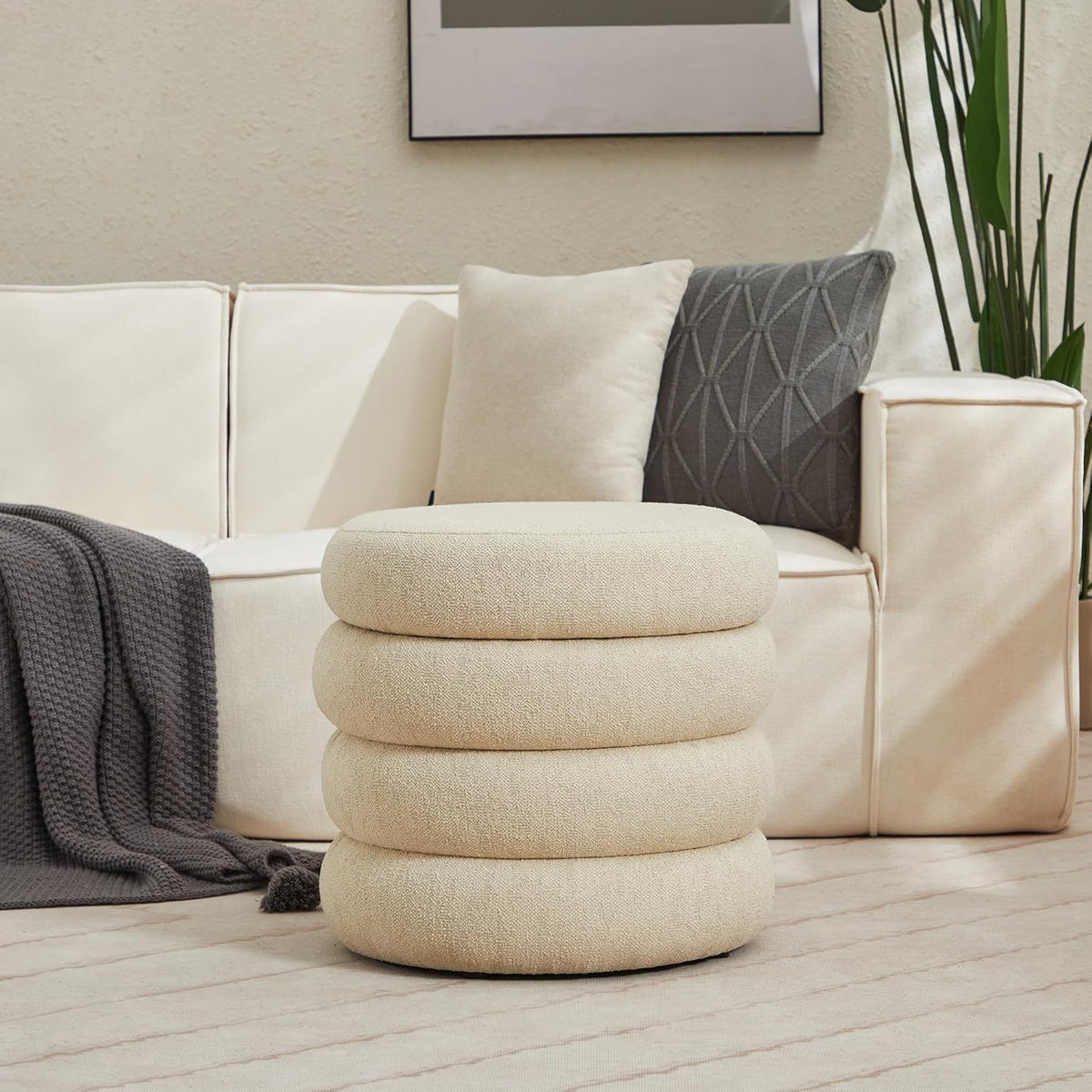 ONEVOG Round Storage Ottoman, 20" Small Ottomans Table with Removable Lid, Linen Fabric Soft