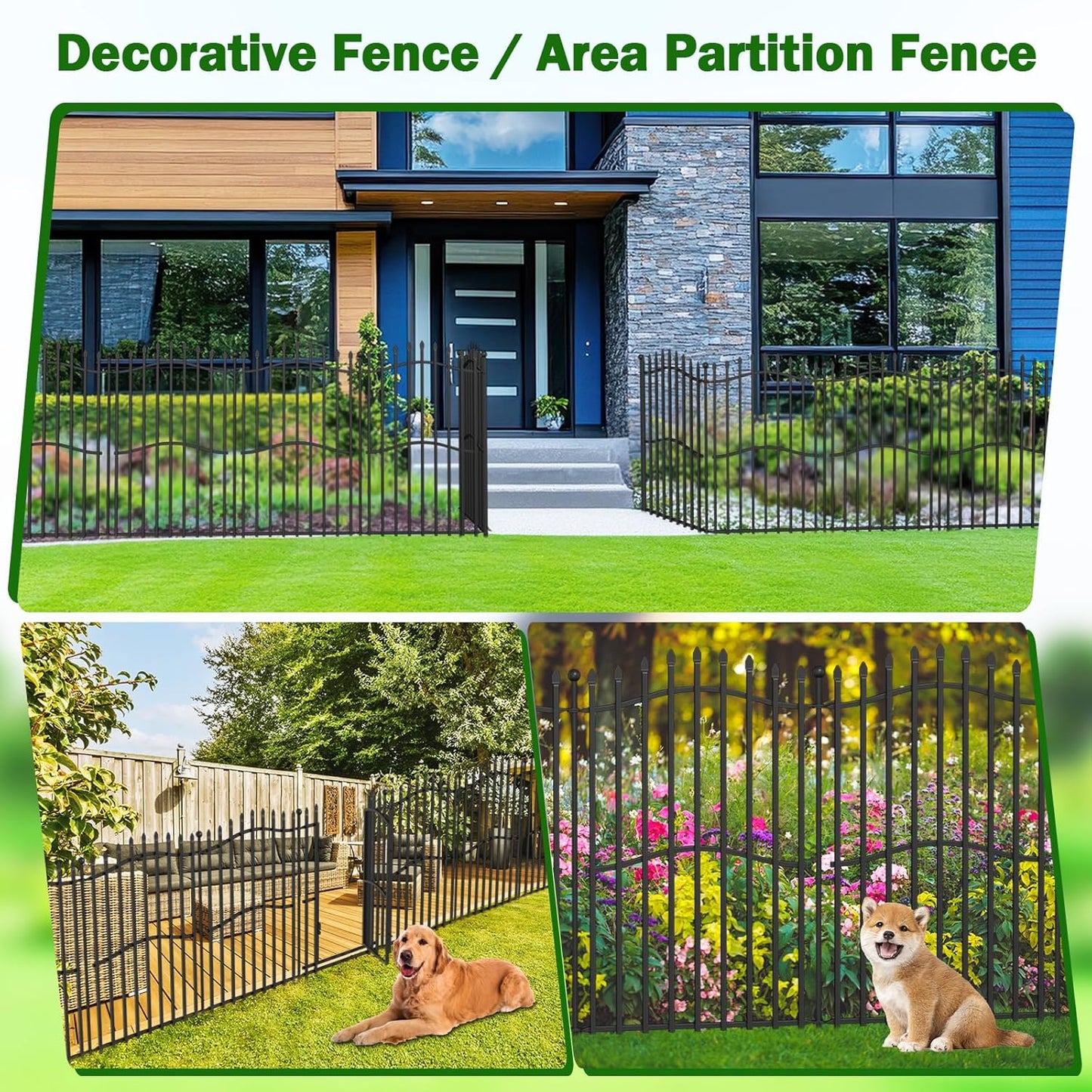 8 Panels No Dig Decorative Garden Fence with Gate - 40in H x 18ft L, Tall Heavy-Duty Square Tube