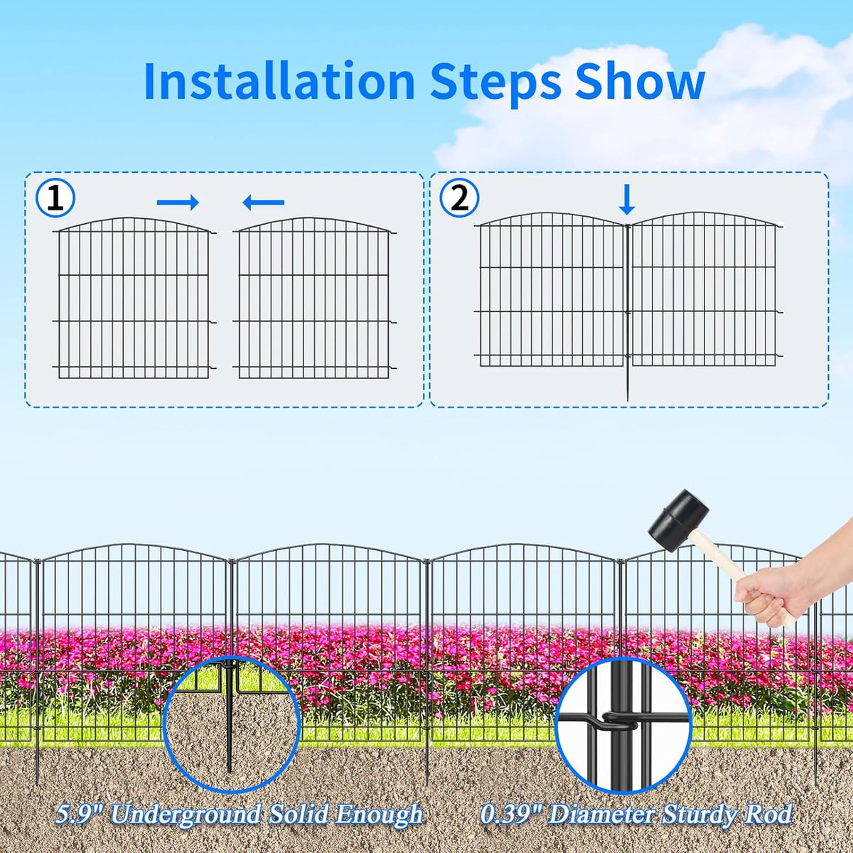 INJOPEXI Garden Fence 6 Panels 11.8ft (L)×24in (H) Decorative Garden Fence with 6 Panels Rustproof