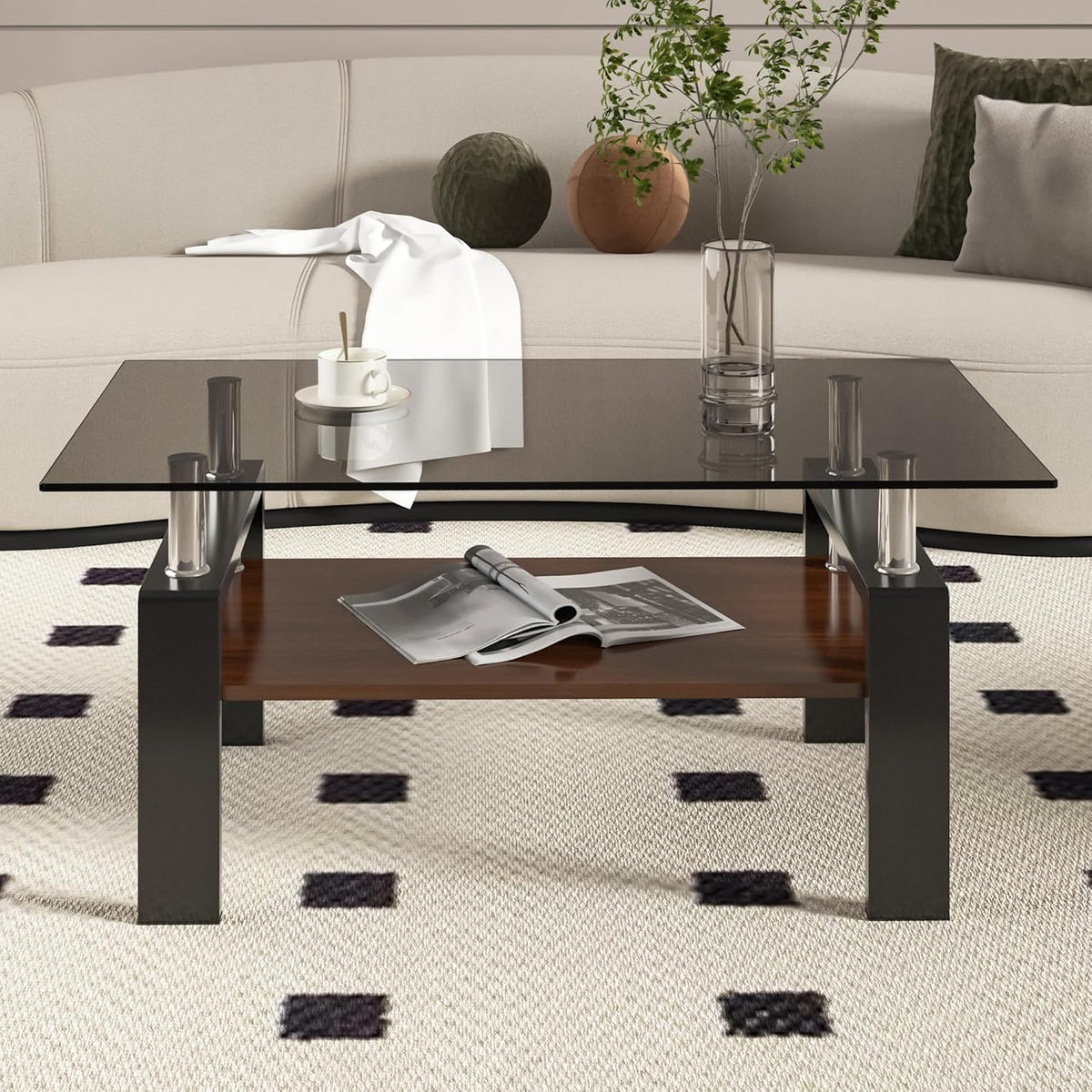 Glass Coffee Table Rectangle Living Room Center Table, with Gray Tempered Glass Tabletop and Brown