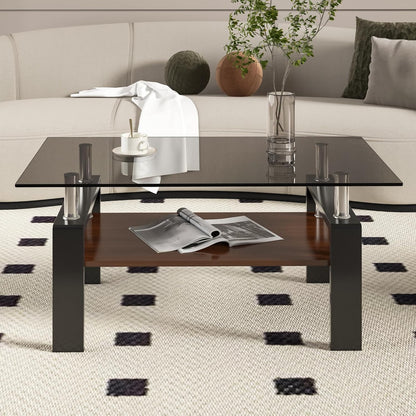 Glass Coffee Table Rectangle Living Room Center Table, with Gray Tempered Glass Tabletop and Brown
