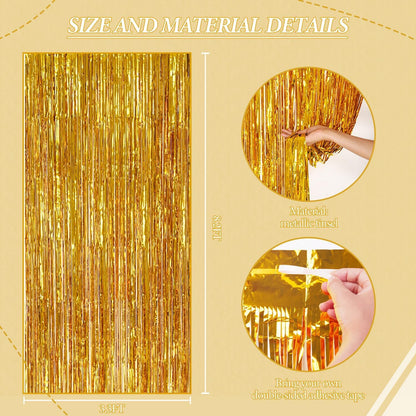3 Pack Foil Fringe Backdrop - Gold Shiny Tinsel Curtains for Party Decoration/Photo Booth Props