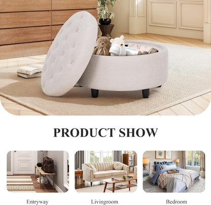 COLAMY Fabric Round Storage Ottoman with Reversible Tray Lid – Multi-Functional Footrest, Hidden