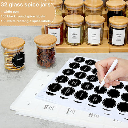 4OZ Glass Spice Jars with Bamboo Lids and 315 Labels, 32 Pcs Clear Food Storage Containers for