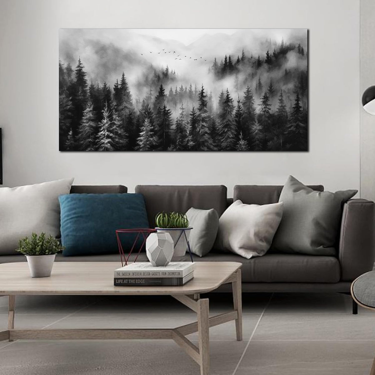 Large Pictures for Living Room Foggy Forest Canvas Wall Art for Bedroom Black Home Office Wall