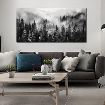 Large Pictures for Living Room Foggy Forest Canvas Wall Art for Bedroom Black Home Office Wall