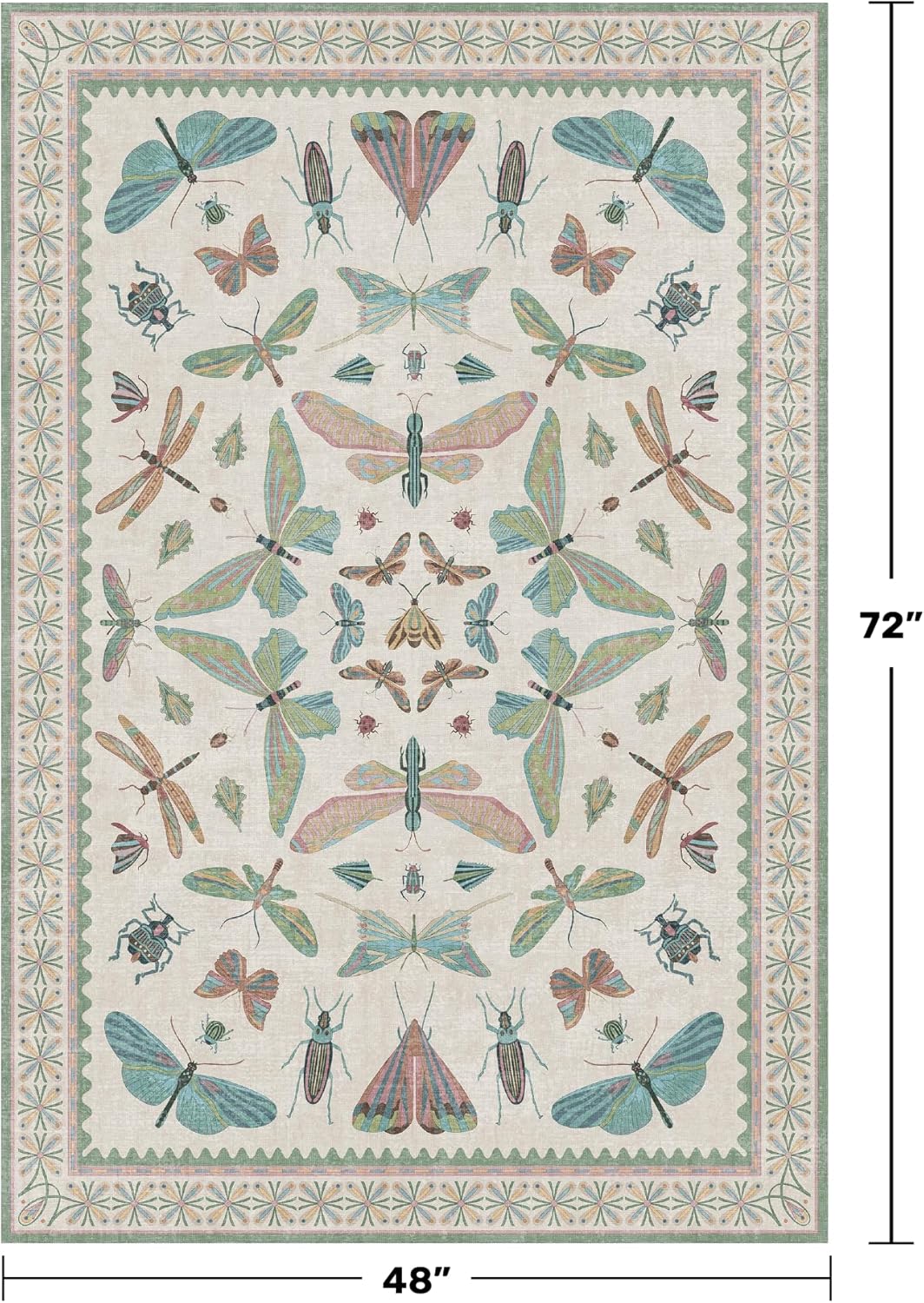 Light Blue and Pink Rug 4x6 Rugs for Bedroom Under Bed - Insect Print Multi Color Decor, Low Pile