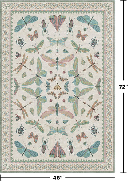 Light Blue and Pink Rug 4x6 Rugs for Bedroom Under Bed - Insect Print Multi Color Decor, Low Pile