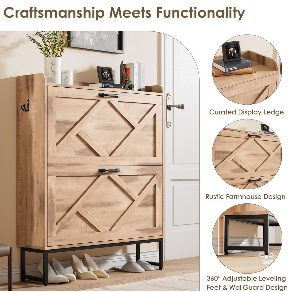 Nicetree Shoe Storage Cabinet with 2 Flip Drawers, Entryway Organizer, Oak