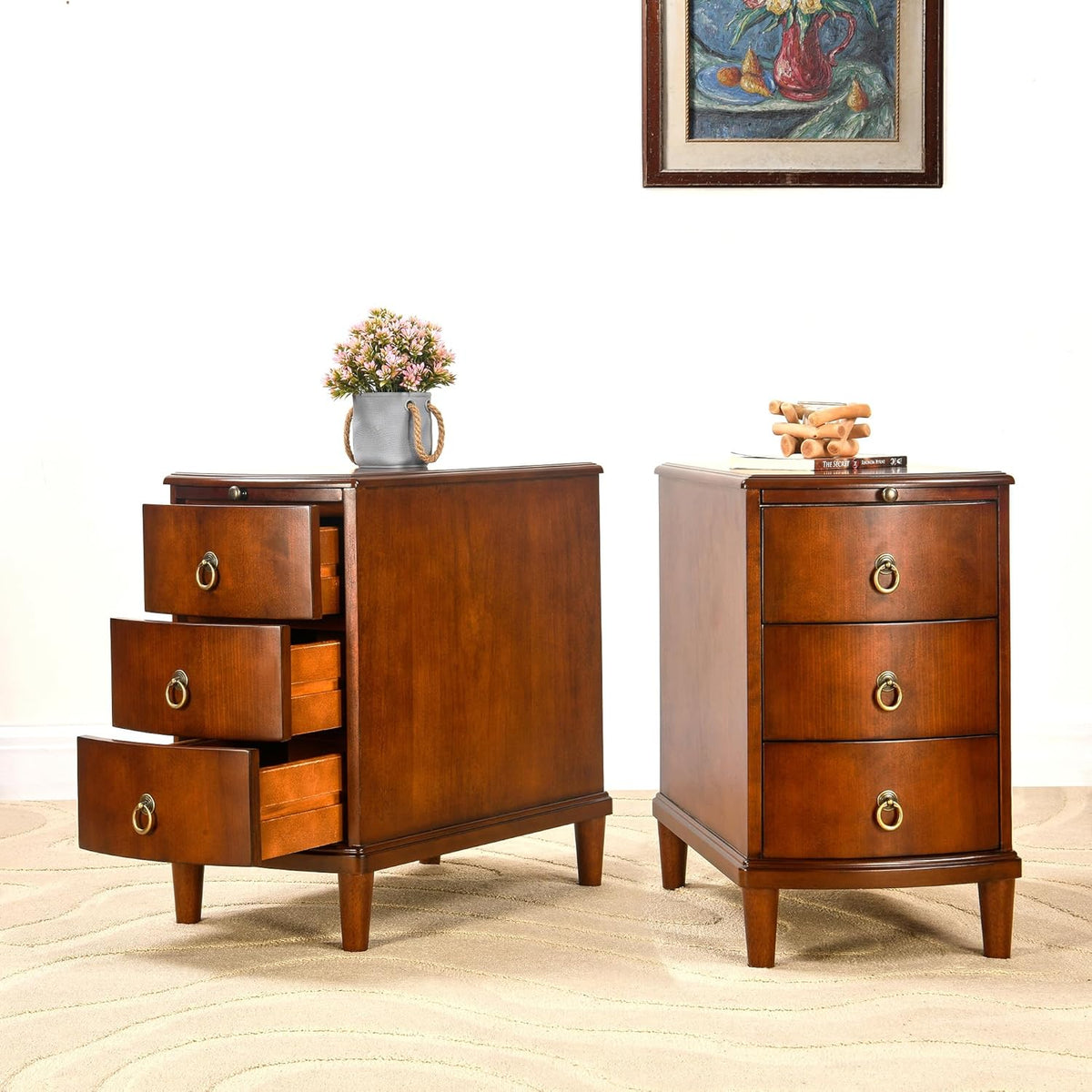 Set of 2 Solid Wood End Table with 3 Drawers, Fully Assembled Nightstand with Sliding Shelf