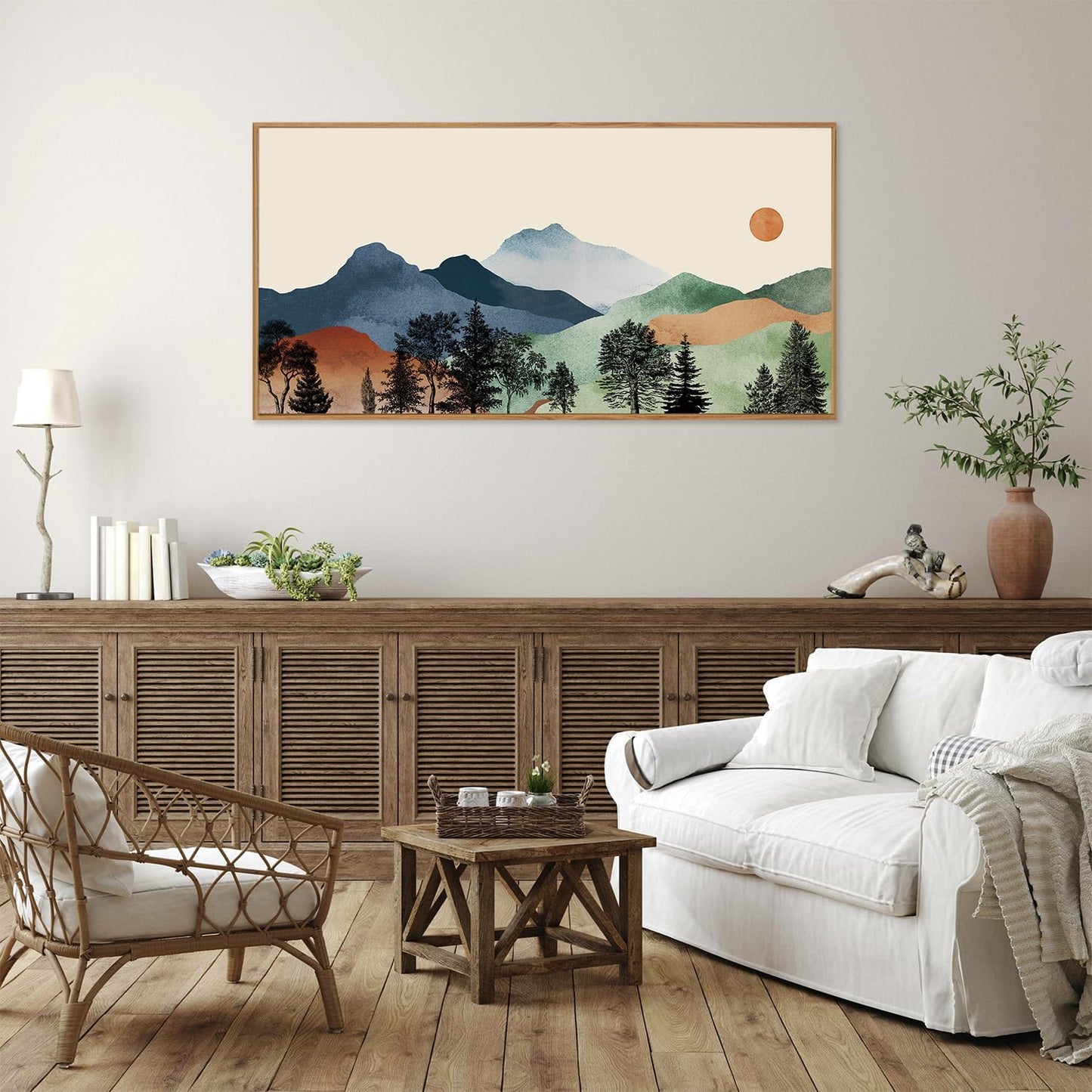 SIGNINART Large Boho Mountains Framed Canvas Wall Art, Watercolor Nature Landscape Art Prints