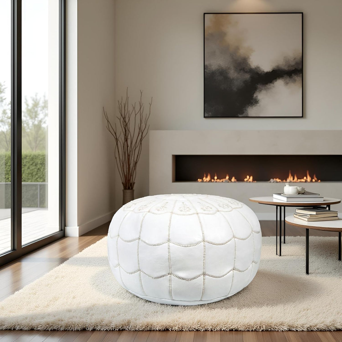 Stuffed Arch Design Moroccan Leather Pouf Ottoman, Handmade, Pre-Filled, 100% Genuine Leather, 14”